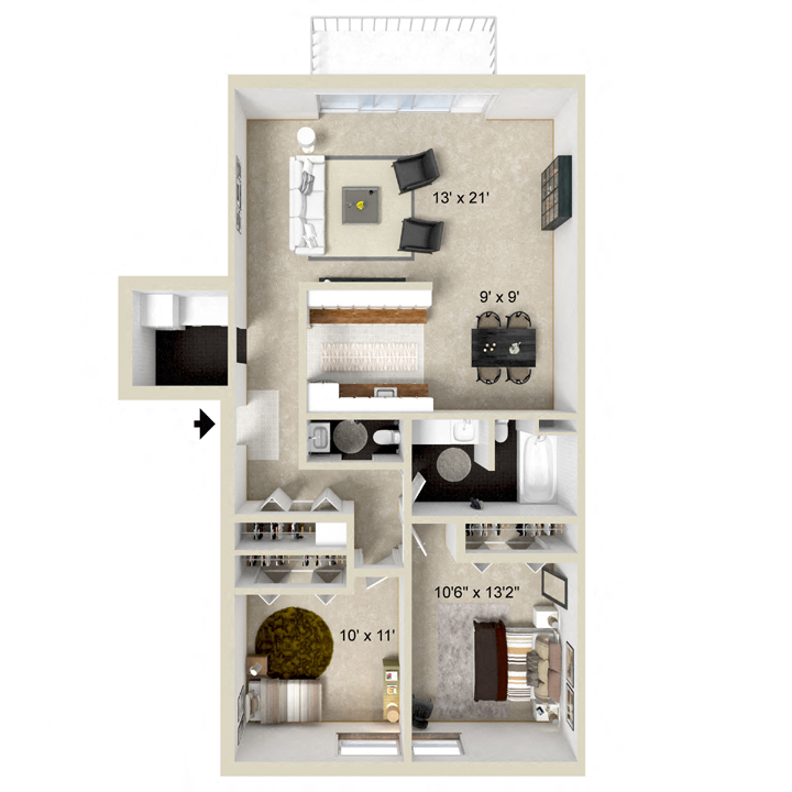 2 bedroom 1.5 bathroom floor plan at Briarlane Apartments in Grand Rapids, MI